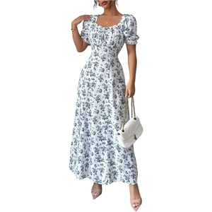 image:imageFloerns Womens Floral Short Puff Sleeve Milkmaid Boho A Line Long Dresses  Floral Polka Dots Flowy Beach Vacation Summer Cottage Core Resort Wear Maxi DressBlue