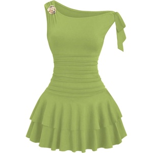 image:imageFloerns Womens Off The Shoulder Metal Floral Layered Hem Mini Dresses  Off The Shoulder Metal Floral Asymmetrical Neck Ruched Waist Layered Ruffle Hem Mini DressesLime Green