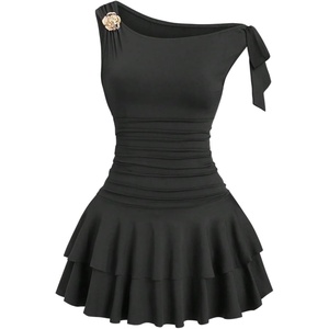 image:imageFloerns Womens Off The Shoulder Metal Floral Layered Hem Mini Dresses  Off The Shoulder Metal Floral Asymmetrical Neck Ruched Waist Layered Ruffle Hem Mini DressesBlack