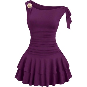 image:imageFloerns Womens Off The Shoulder Metal Floral Layered Hem Mini Dresses  Off The Shoulder Metal Floral Asymmetrical Neck Ruched Waist Layered Ruffle Hem Mini DressesPurple