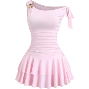 image:imageFloerns Womens Off The Shoulder Metal Floral Layered Hem Mini Dresses  Off The Shoulder Metal Floral Asymmetrical Neck Ruched Waist Layered Ruffle Hem Mini DressesLight Pink