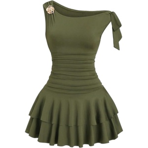 image:imageFloerns Womens Off The Shoulder Metal Floral Layered Hem Mini Dresses  Off The Shoulder Metal Floral Asymmetrical Neck Ruched Waist Layered Ruffle Hem Mini DressesDark Green