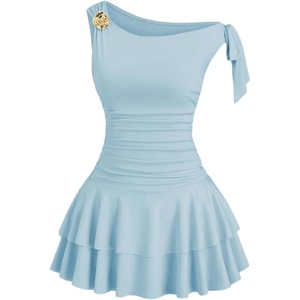 image:imageFloerns Womens Off The Shoulder Metal Floral Layered Hem Mini Dresses  Off The Shoulder Metal Floral Asymmetrical Neck Ruched Waist Layered Ruffle Hem Mini DressesLight Blue