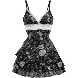image:imageFloerns Womens Paisley Boho Dresses Lace Trim V Neck Layered Ruffle Concert Outfit Mini DressBlack