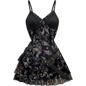 image:imageFloerns Womens Paisley Boho Dresses Lace Trim V Neck Layered Ruffle Concert Outfit Mini DressBlack Pattern