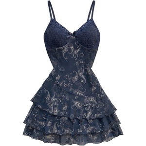 image:imageFloerns Womens Paisley Boho Dresses Lace Trim V Neck Layered Ruffle Concert Outfit Mini DressDark Blue
