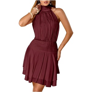 image:imageFloerns Womens Summer Mini Dress Sleeveless Halter Backless Dinner Dresses  Halter Neck Drop Ruched Waist Layered Ruffle Hem A Line  Flowy Date Night Going Out DressWine Red