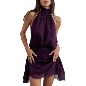 image:imageFloerns Womens Summer Mini Dress Sleeveless Halter Backless Dinner Dresses  Halter Neck Drop Ruched Waist Layered Ruffle Hem A Line  Flowy Date Night Going Out DressPurple