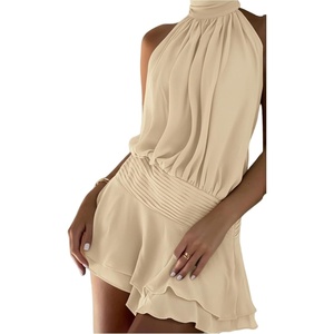 image:imageFloerns Womens Summer Mini Dress Sleeveless Halter Backless Dinner Dresses  Halter Neck Drop Ruched Waist Layered Ruffle Hem A Line  Flowy Date Night Going Out DressBeige Solid