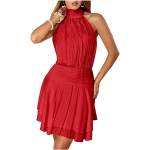 image:imageFloerns Womens Summer Mini Dress Sleeveless Halter Backless Dinner Dresses  Halter Neck Drop Ruched Waist Layered Ruffle Hem A Line  Flowy Date Night Going Out DressRed