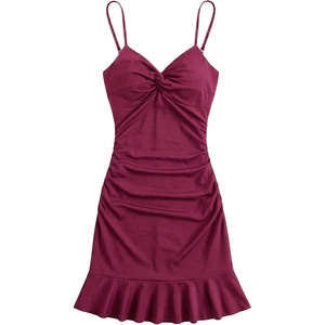image:imageFloerns Womens Summer Tropical Twist Front Ruched Ruffle Hem Bodycon Dress  Floral Print Sleeveless Hawaiian Vacation Outifits Boho Cami DressesBurgundy