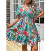 image:imageFloerns Womens Plus Size Boho Hawaiian Tropical Dresses V Neck Short Sleeve Floral A Line Long Dress Vacation Beach OutfitsTeal Green Multi