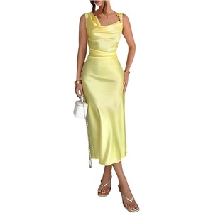 image:imageFloerns Womens Elegant Satin Draped Midi Dress Sleeveless Ruched Bodycon Party Cocktail DressesYellow