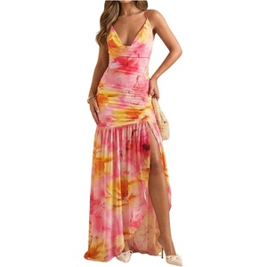 image:imageFloerns Womens Floral Halter Dress Sleeveless Split Vacation Maxi Dresses  Cowl Neck Ruffle Backless Ruched Mesh Sundresses Wedding Guest Cocktail Tea Party DressTropical Pink