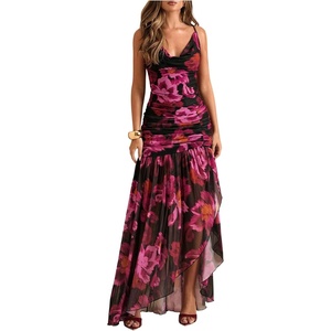 image:imageFloerns Womens Floral Halter Dress Sleeveless Split Vacation Maxi Dresses  Cowl Neck Ruffle Backless Ruched Mesh Sundresses Wedding Guest Cocktail Tea Party DressPink