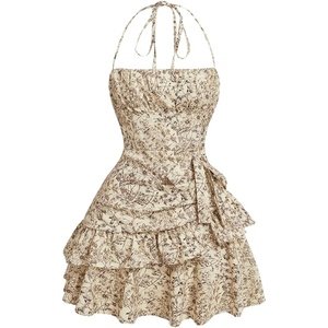 image:imageFloerns Womens Floral Halter Ruffle Tiered Cute Summer Mini Dress  Milkmaid Vacation Sundress Picnic Tea Party Holiday Rush DressesApricot