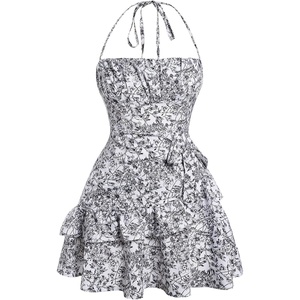image:imageFloerns Womens Floral Halter Ruffle Tiered Cute Summer Mini Dress  Milkmaid Vacation Sundress Picnic Tea Party Holiday Rush DressesBlack and White