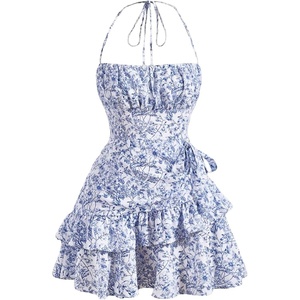 image:imageFloerns Womens Floral Halter Ruffle Tiered Cute Summer Mini Dress  Milkmaid Vacation Sundress Picnic Tea Party Holiday Rush DressesBlue and White