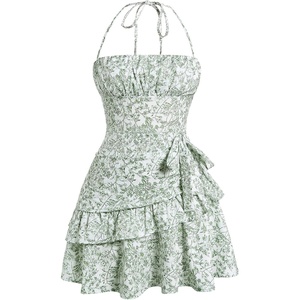 image:imageFloerns Womens Floral Halter Ruffle Tiered Cute Summer Mini Dress  Milkmaid Vacation Sundress Picnic Tea Party Holiday Rush DressesGreen and White
