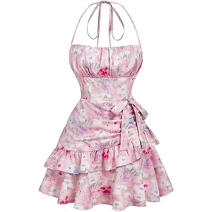 image:imageFloerns Womens Floral Halter Ruffle Tiered Cute Summer Mini Dress  Milkmaid Vacation Sundress Picnic Tea Party Holiday Rush DressesPink Floral