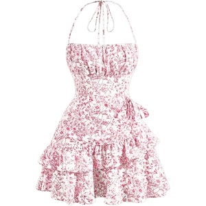 image:imageFloerns Womens Floral Halter Ruffle Tiered Cute Summer Mini Dress  Milkmaid Vacation Sundress Picnic Tea Party Holiday Rush DressesPink and White