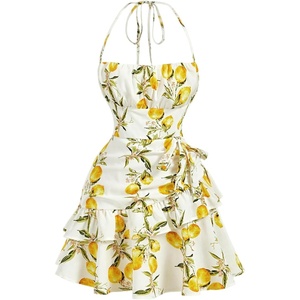 image:imageFloerns Womens Floral Halter Ruffle Tiered Cute Summer Mini Dress  Milkmaid Vacation Sundress Picnic Tea Party Holiday Rush DressesYellow Lemon