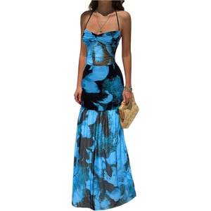 image:imageFloerns Womens Floral Mesh Halter Backless Boho Maxi Dress  Wedding Guest Vacation Long DressesBlue
