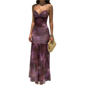 image:imageFloerns Womens Floral Mesh Halter Backless Boho Maxi Dress  Wedding Guest Vacation Long DressesDark Purple