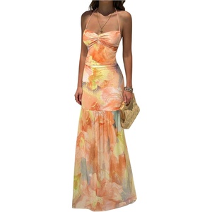 image:imageFloerns Womens Floral Mesh Halter Backless Boho Maxi Dress  Wedding Guest Vacation Long DressesOrange