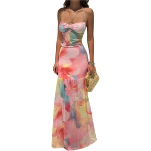 image:imageFloerns Womens Floral Mesh Halter Backless Boho Maxi Dress  Wedding Guest Vacation Long DressesPink Multi