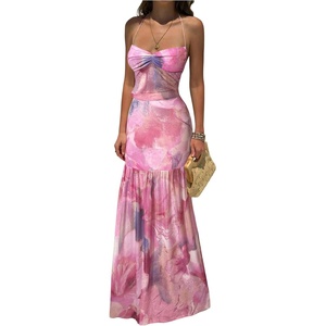 image:imageFloerns Womens Floral Mesh Halter Backless Boho Maxi Dress  Wedding Guest Vacation Long DressesPurple