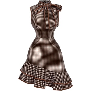 image:imageFloerns Womens Plaid Bow Tie Sleeveless Tiered Ruffle Elegant Mini Dress  Gingham Asymmetry Hem Bodycon A Line Tie Neck Tweed Dress Party TravelBrown