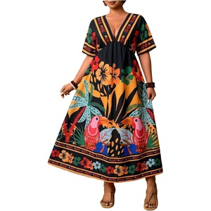 image:imageFloerns Womens Plus Size Boho Hawaiian Tropical Dresses V Neck Short Sleeve Floral A Line Long Dress Vacation Beach OutfitsBlack and Orange