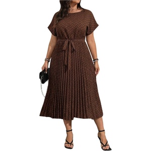 image:imageFloerns Womens Plus Size Midi Dress Short Sleeve Pleated A Line Dresses  Ditsy Floral Round Neck Tie Waist Dolman Sleeve Flowy Casual Dress 2026 Trendy ClothesBrown