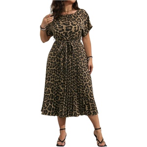 image:imageFloerns Womens Plus Size Midi Dress Short Sleeve Pleated A Line Dresses  Ditsy Floral Round Neck Tie Waist Dolman Sleeve Flowy Casual Dress 2026 Trendy ClothesBrown Leopard