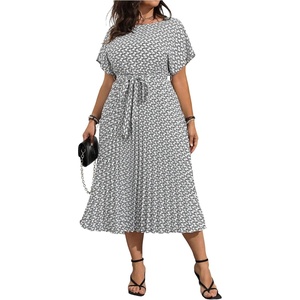image:imageFloerns Womens Plus Size Midi Dress Short Sleeve Pleated A Line Dresses  Ditsy Floral Round Neck Tie Waist Dolman Sleeve Flowy Casual Dress 2026 Trendy ClothesWhite and Black