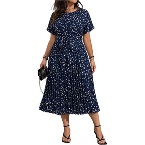 image:imageFloerns Womens Plus Size Midi Dress Short Sleeve Pleated A Line Dresses  Ditsy Floral Round Neck Tie Waist Dolman Sleeve Flowy Casual Dress 2026 Trendy ClothesDeep Blue