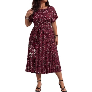 image:imageFloerns Womens Plus Size Midi Dress Short Sleeve Pleated A Line Dresses  Ditsy Floral Round Neck Tie Waist Dolman Sleeve Flowy Casual Dress 2026 Trendy ClothesRed Violet