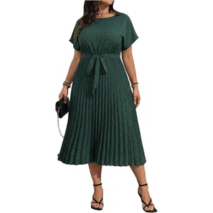 image:imageFloerns Womens Plus Size Midi Dress Short Sleeve Pleated A Line Dresses  Ditsy Floral Round Neck Tie Waist Dolman Sleeve Flowy Casual Dress 2026 Trendy ClothesDark Green