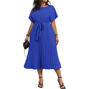 image:imageFloerns Womens Plus Size Midi Dress Short Sleeve Pleated A Line Dresses  Ditsy Floral Round Neck Tie Waist Dolman Sleeve Flowy Casual Dress 2026 Trendy ClothesRoyal Blue