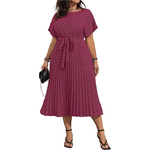 image:imageFloerns Womens Plus Size Midi Dress Short Sleeve Pleated A Line Dresses  Ditsy Floral Round Neck Tie Waist Dolman Sleeve Flowy Casual Dress 2026 Trendy ClothesHot Pink