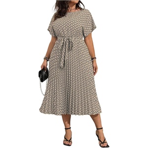 image:imageFloerns Womens Plus Size Midi Dress Short Sleeve Pleated A Line Dresses  Ditsy Floral Round Neck Tie Waist Dolman Sleeve Flowy Casual Dress 2026 Trendy ClothesKhaki