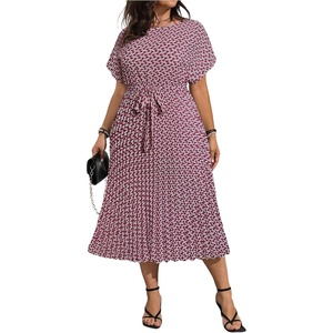 image:imageFloerns Womens Plus Size Midi Dress Short Sleeve Pleated A Line Dresses  Ditsy Floral Round Neck Tie Waist Dolman Sleeve Flowy Casual Dress 2026 Trendy ClothesBurgundy