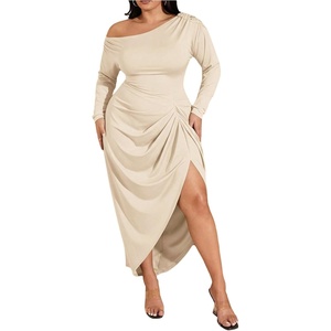 image:imageFloerns Womens Plus Size Off The Shoulder Maxi Dress Long Sleeve Ruched Wedding Guest Bodycon DressesApricot