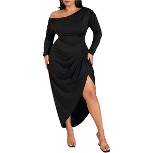 image:imageFloerns Womens Plus Size Off The Shoulder Maxi Dress Long Sleeve Ruched Wedding Guest Bodycon DressesBlack