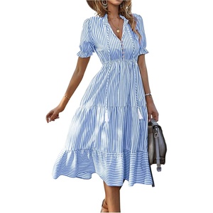 image:imageFloerns Womens Striped Short Sleeve Midi Dress Tie Neck Tiered Ruffle Hem A Line DressesBlue and White