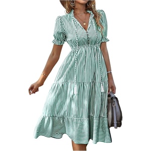image:imageFloerns Womens Striped Short Sleeve Midi Dress Tie Neck Tiered Ruffle Hem A Line DressesGreen