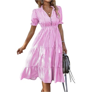 image:imageFloerns Womens Striped Short Sleeve Midi Dress Tie Neck Tiered Ruffle Hem A Line DressesPink