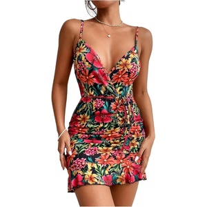 image:imageFloerns Womens Summer Floral Mini Dress Sleeveless Tie Side Ruffle Bodycon DressesRed Black Tropical