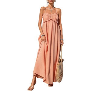 image:imageFloerns Womens Summer Maxi Dress Frill Trim Spaghetti Strap Smocked Flowy Beach DressesDusty Pink